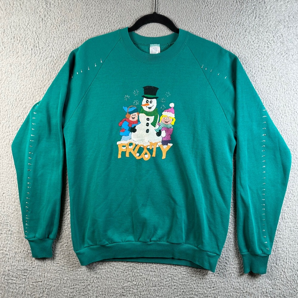 Vtg 90s Frosty The Snowman Painted Glitter Ugly Christmas Sweatshirt Teal XL USA - Picture 1 of 6